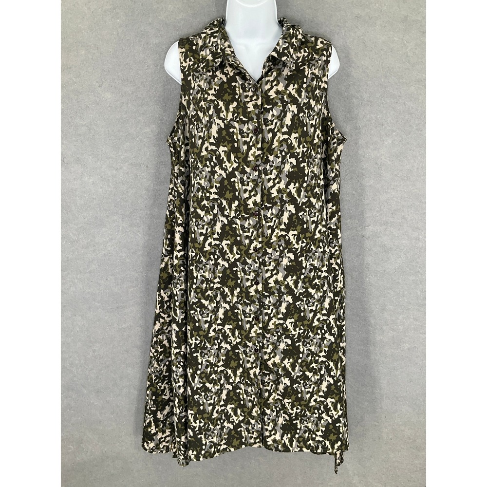 Mlle Gabrielle Women's 1X Sleeveless Button Front Dress Camo Print Army Girl
